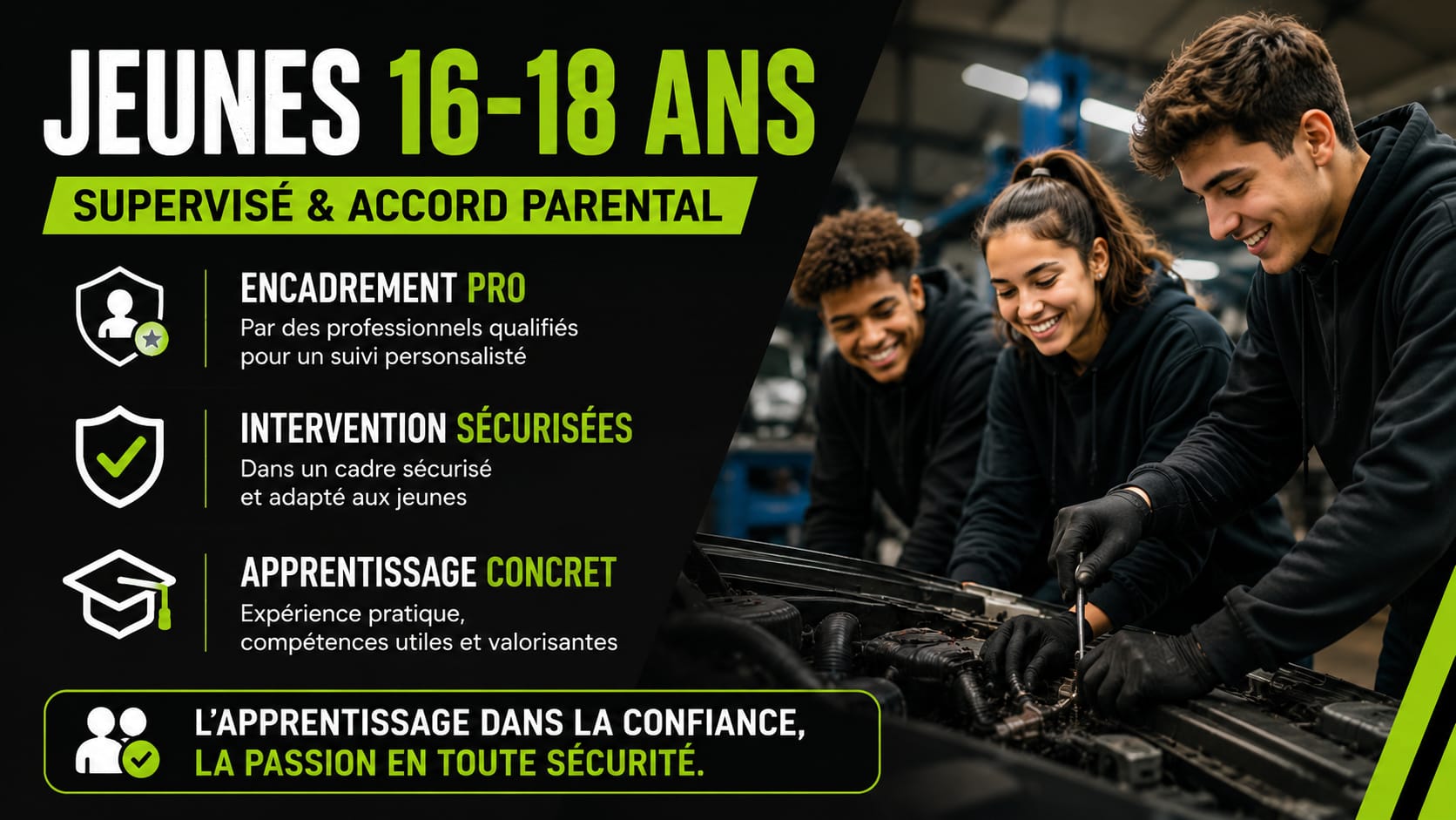 Jeunes 16-18 ans au travail dans un garage automobile VroomJobs